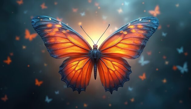 Majestic butterfly illustration soars. Vivid orange wings contrast blurred butterfly silhouettes, creating depth. Ideal background for creativity, nature themes. Perfect for designers, educators,