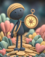 Romantic Abundance Compass, Whimsical Cartoon Character with Compass on Colorful Adventure Path