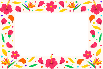 Abstract floral celebration frame with copy space. Summer background featuring falling petals and colorful confetti dots. Vector flat design border for party invitation or greeting card.