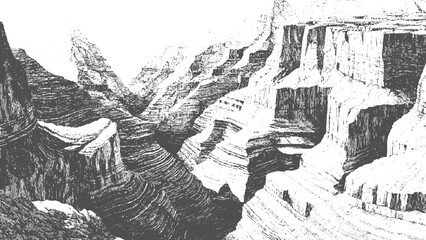 Fototapeta premium Expansive panoramic view of a grand canyon with layered rock formations and deep ravines rendered in a dramatic stippled ink style emphasizing natural grandeur