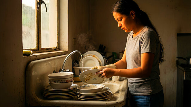 Focused woman wearing a gray t-shirt diligently washes a stack of dirty dishes by hand under running water in a dimly lit kitchen setting.