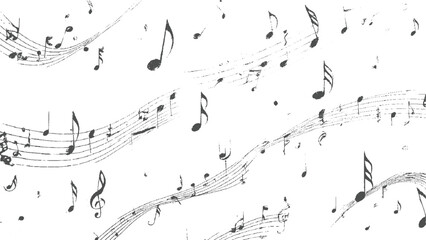Flowing lines of grunge musical notation and scattered notes form an artistic and textured background pattern © appl