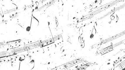 Dense overlay of vintage grunge musical notation with scattered notes and staves creating a complex and textured artistic background © appl