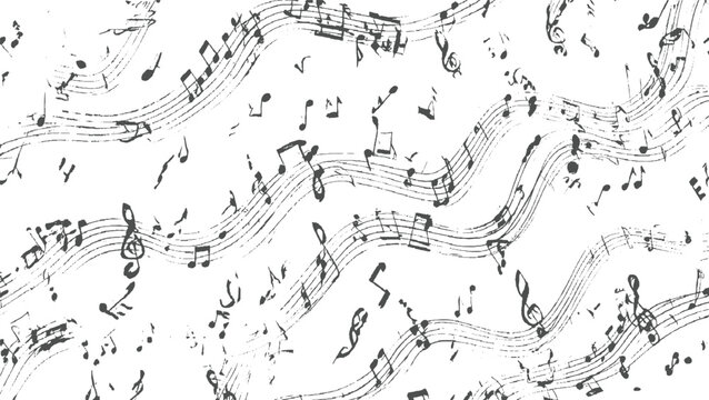 Wavy lines of grunge musical notation and scattered notes create a dynamic and artistic background texture