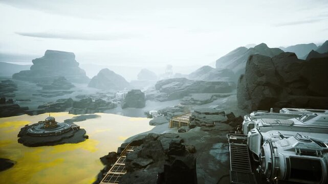 futuristic mining colony by yellow river, misty canyon and modular habitats scattered across rocky plains heavy machinery and hover barges unload cargo