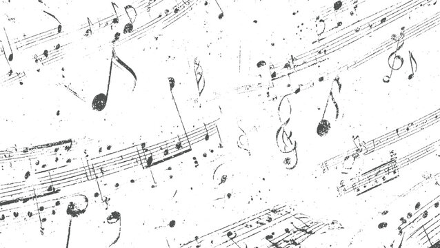 Dense overlay of vintage grunge musical notation with scattered notes and staves creating a complex and textured artistic background