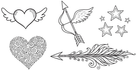 Fototapeta premium Beautiful line art illustrations featuring winged hearts Cupid's arrows and charming stars for creative projects