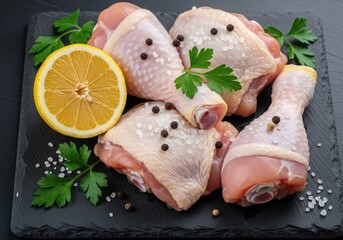 Raw chicken drumsticks and thighs seasoned with salt and pepper, garnished with parsley and lemon