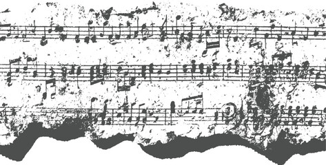 Textured background of a torn and weathered musical score with dense handwritten notes and scattered ink marks, conveying a sense of artistic decay