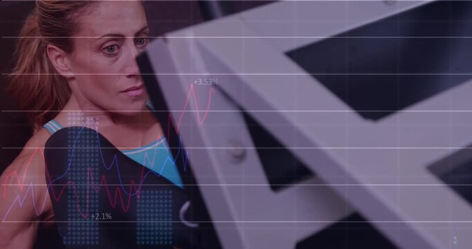 Animation of data processing over fit caucasian woman exercising
