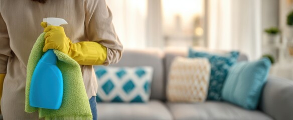 The person cleaning a modern living room sofa with spray bottle and cloth
