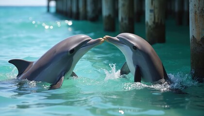 Two dolphins stick heads out of sea. Marine animals wait food near pier under sunlight. Bottlenose dolphins at mating season. Aquatic mammals family play in turquoise water enjoy ocean wildlife.