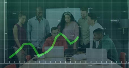 Animation of statistical data processing over diverse colleagues discussing together at office - Powered by Adobe