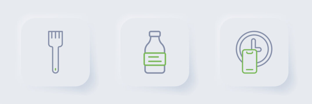 Set line Round the clock delivery, Bottle of water and Fork icon. Vector