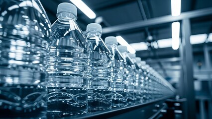 Bottled water production line in a factory setting with clear plastic bottles