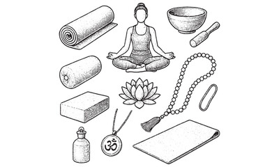 Yoga Meditation Accessories Icons Set - Mat Lotus Mala Essential Oil Vector