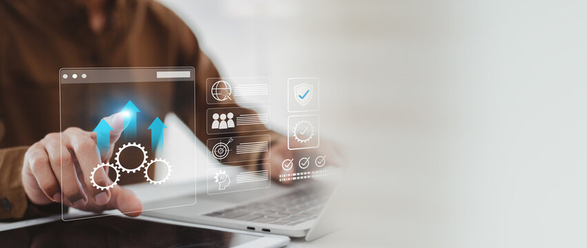 Workflow Automation for Business Growth and Optimization: Digital Transformation Concept, man  with  futuristic n gears that drive upward arrows, symbolizing process optimization and business growth t - Powered by Adobe