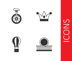 Set Roller coaster, Unicycle, Hot air balloon and Jester hat with bells icon. Vector © Iryna