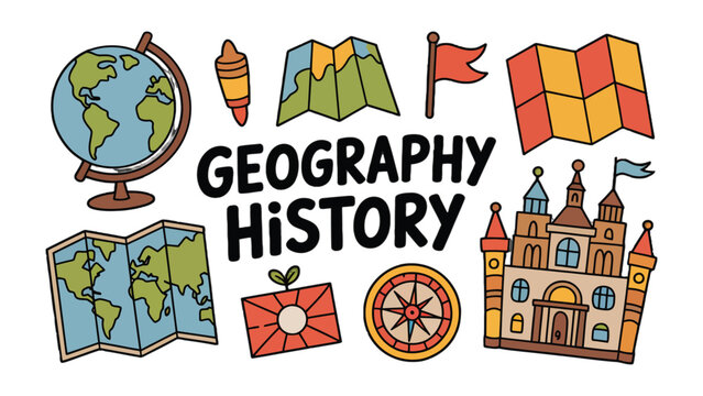 Geography and History Icons: A collection of educational icons representing geography and history concepts, including maps, globes, a compass, flags, and a castle.