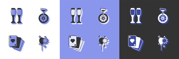 Set Balloons with ribbon, Bowling pin, Playing cards and Unicycle icon. Vector © Iryna