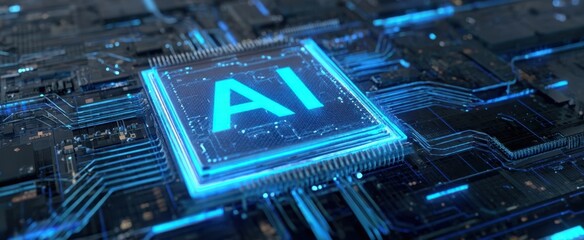 The AI chip glowing on a futuristic circuit board with neon blue connections