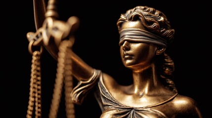 Obraz premium Statue of Justice. Lady Justice holds scales, symbolizing impartiality. Blindfolded to represent objectivity, ensuring fairness and equality under the law. Justice concept.