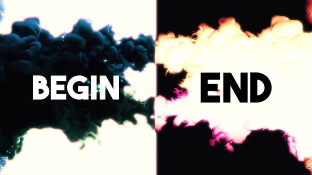 Split-screen ink clouds dispersing in water with bold BEGIN and END text. Dramatic contrast and fluid motion visualize transition, time flow, and lifecycle concepts.
