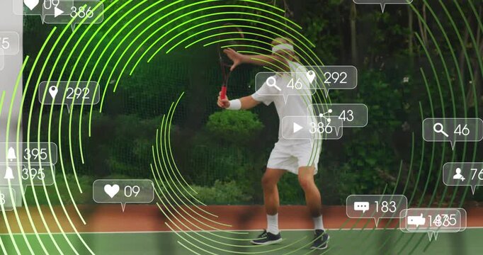 Animation of notification bars over caucasian tennis player playing tennis in court