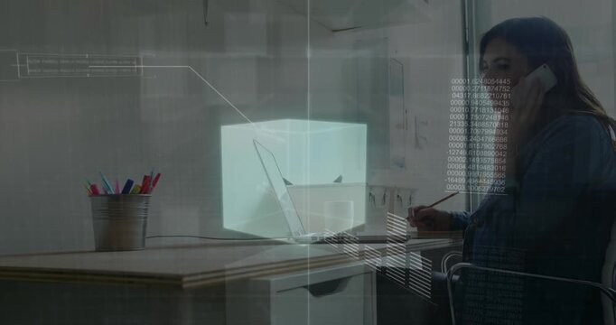 Animation of 3d cube, graph and binary codes over caucasian woman picking up cellphone