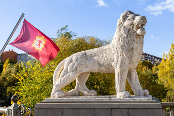 Leon, Spain - November 2, 2024: Decoration of the bridge called the Bridge of Lions that crosses the Bernesga River, in the center of the city of Leon, Spain.