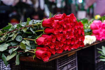 Roses Bundle of Fresh Red and White Flowers with Dew Drops