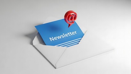 Open Envelope with Blue Newsletter and Red @ Symbol email communication