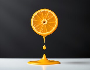 Vibrant Orange Slice with Falling Juice Against Dark Background