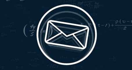 Animation of mathematical data processing and email icon on dark background - Powered by Adobe