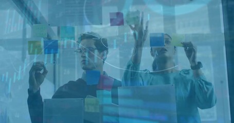 Animation of financial data processing over diverse business people in office - Powered by Adobe