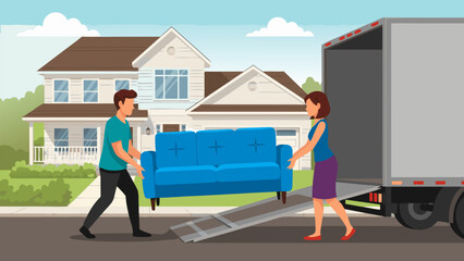 Couple carrying sofa onto moving truck ramp for relocation into new home