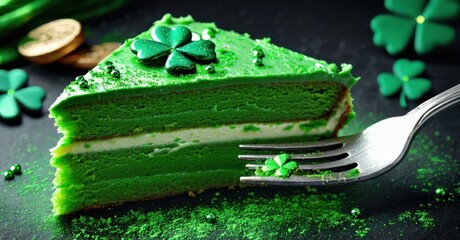 Bright green slice cake, layered cream filling. Decorated shamrocks, fork piercing dessert. Festive presentation, dark background.