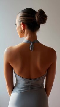 A stylish female model poses in a modern grey dress, her hair in a neat bun and gold earrings adding a touch of glamour. The minimalist background enhances the chic and timeless fashion vibe