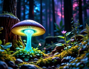 Mystical Forest Scene with Glowing Mushroom and Blue Brain Stem