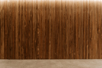 Wood Slat Wall Background with Concrete Floor and Ambient Lighting