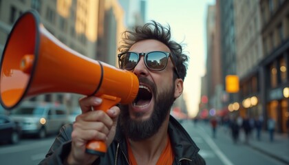 Man screams into megaphone on city street. Urban activist protests, promoting event, announces sales. Male wearing sunglasses shouts into orange loudspeaker outdoors. Marketing specialist attracts