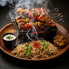 Grilled chicken and vegetable skewers with aromatic rice, creamy sauce, and charred lemon served on a rustic wooden platter, emitting smoke.