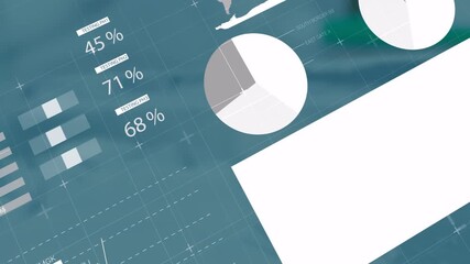 Data processing graphics overlaying pie charts and world map, creating animation - Powered by Adobe