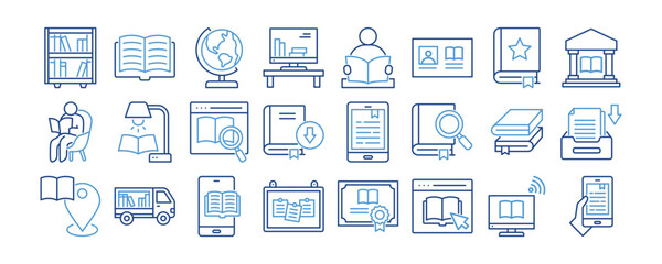 Library icon collection. Containing design Bookshelf, Open book, Globe, Library Computer, Person reading