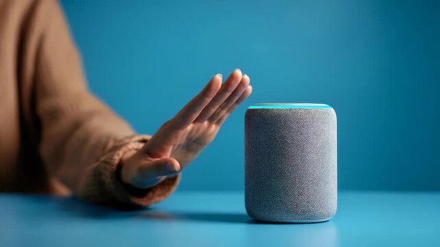 Person raises their hand in front smart speaker, illustrating desire to pause or mute voice assistant functions. Scene highlights digital privacy, smart home trends, human interaction with AI