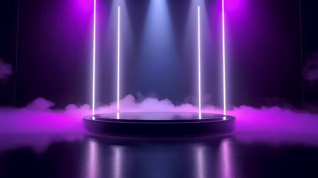 Futuristic stage platform with vertical neon light beams and purple fog in dark studio