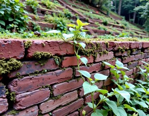 Weathered Brick Wall with Greenery and Hill the Background