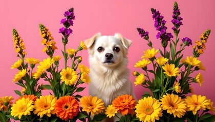 Dog Surrounded Colorful Flowers Against Pink Background
