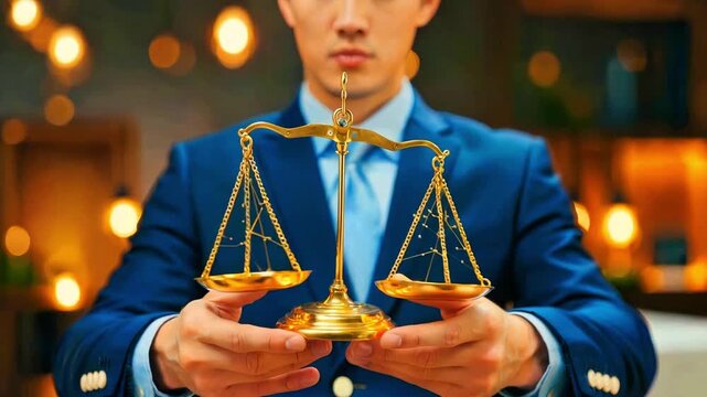 Professional man in a sharp blue suit carefully holding a gleaming miniature golden scale of justice symbolizing legal fairness and balanced judgment in his hands.
