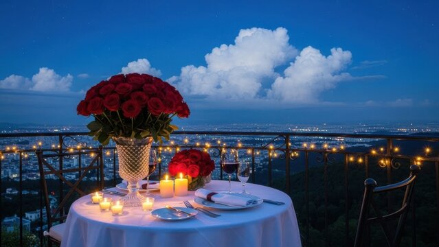 Romantic candlelit dinner for two on balcony overlooking city